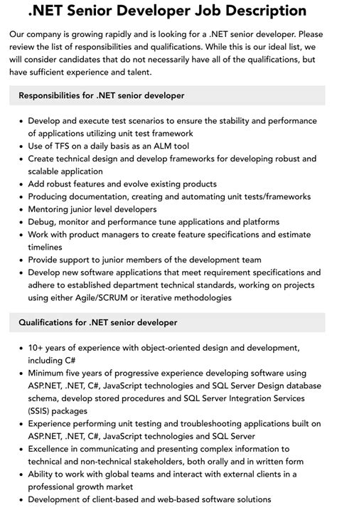 Net Senior Developer Job Description Velvet Jobs