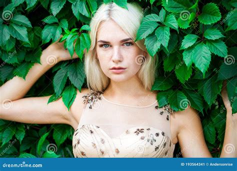 Young Beautiful Blonde In Ivy Summer Park Outdoors Stock Image Image Of Outdoor Long 193564341
