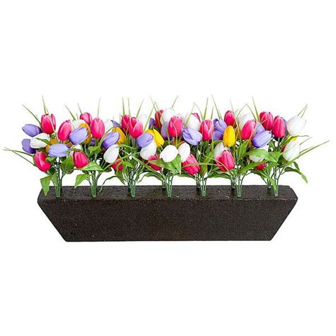 I purchased a 48″ white vinyl window box from wayfair. Improvements Tulip Spring Window Box Filler ($45) liked on ...