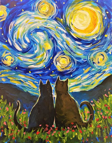 Art At Home Starry Cat Event Tutorial Step By Step Uncorked Canvas