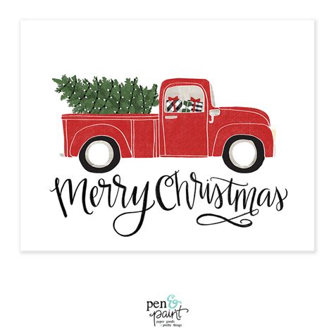 Merry Christmas Vintage Red Truck Christmas Holiday Art Print Pen