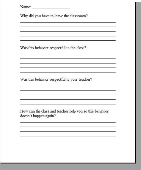 Student Behavior Reflection Sheet Student Behavior