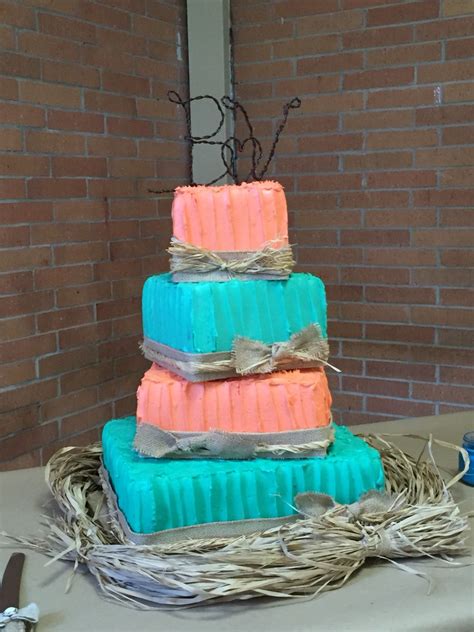 Coral And Turquoise Three Tier Rustic Wedding Cake Turquoise Coral