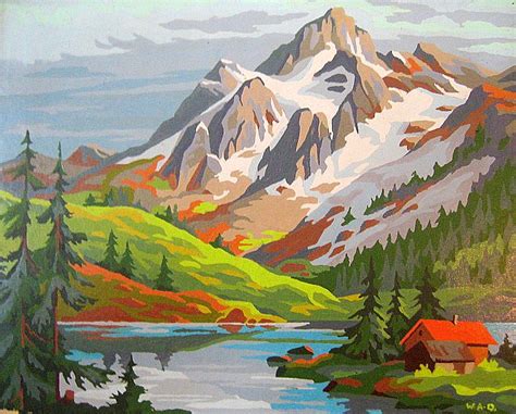 Vintage Paint By Numbers Mountain Paintings Landscape Illustration