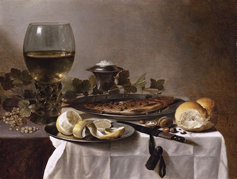 Still Life With Herring Wine And Bread Pieter Claesz 1647 Painting