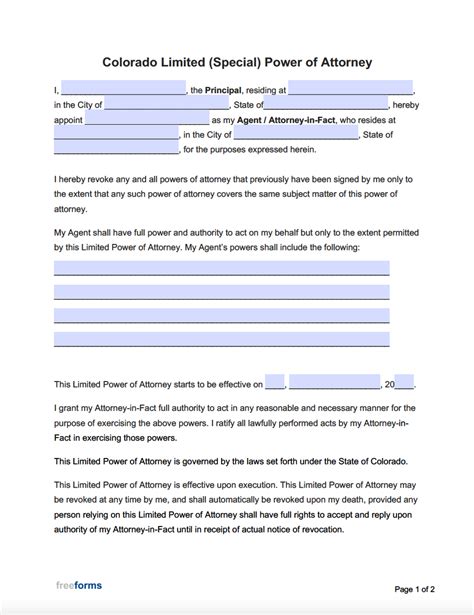 Free Colorado Limited Special Power Of Attorney Form Pdf Word
