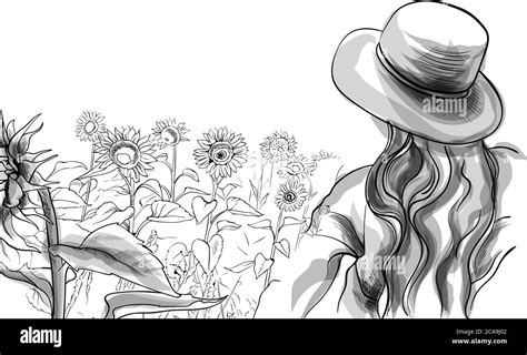 Long Haired Girl In A Hat And Blouse Standing In Sunflower Field Line