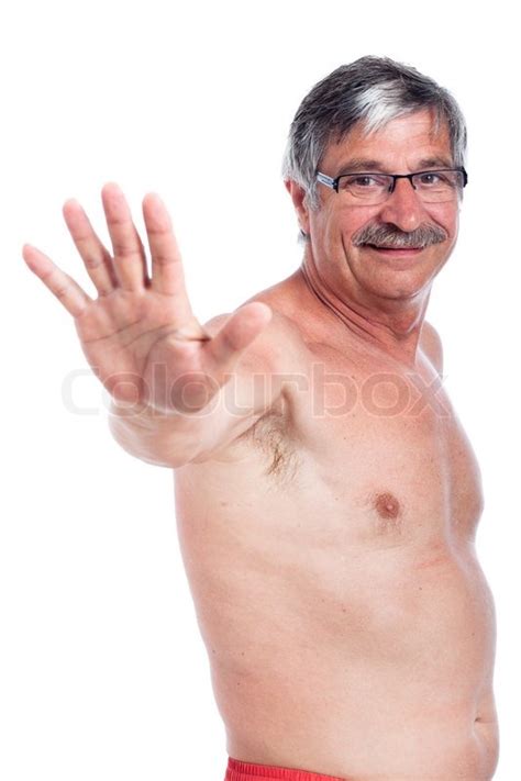 Happy Shirtless Senior Man Gesturing Stock Image Colourbox