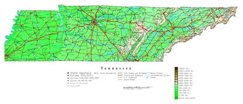 Large Detailed Elevation Map Of Tennessee State With Roads Highways