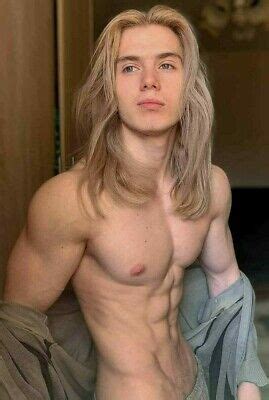 Shirtless Male Muscular Beefcake Blond Shaggy Haired Gym Jock Photo X