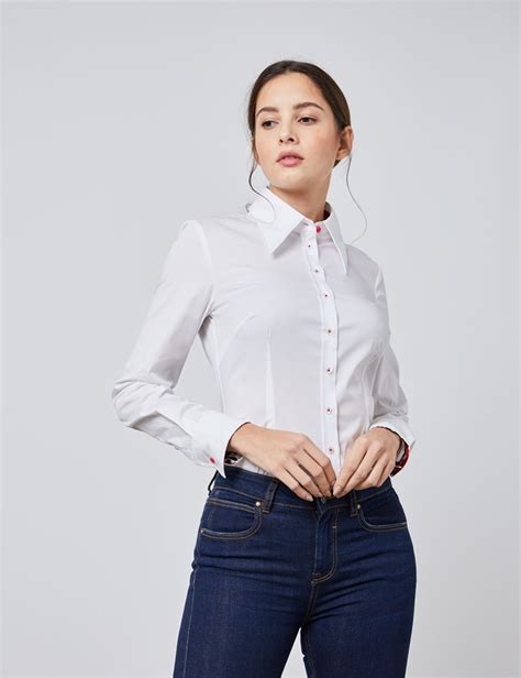Women S White Cotton Stretch Fitted Shirt With Contrast Detail Single