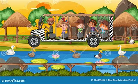 Safari At Sunset Scene With Kids Watching Duck Group Stock Vector