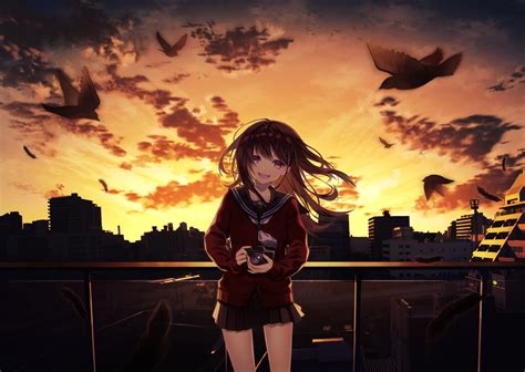 Smiling Anime Girl Taking Photographs Cityscape 4k Hd Anime 4k