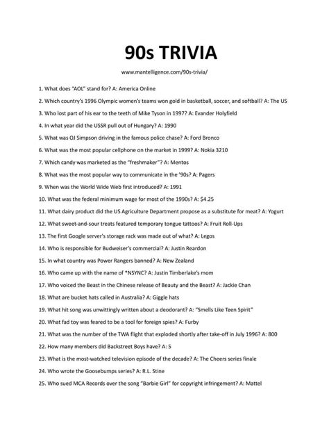 90s Pop Culture Trivia Questions And Answers Printable Challenge Your
