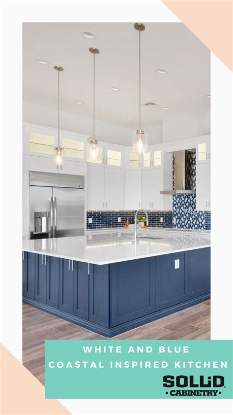 The tile floor is so incredible and the blue cabinets truly make the whole kitchen. A two tone coastal kitchen with white cabinets and a blue kitchen island. | Custom bathroom ...