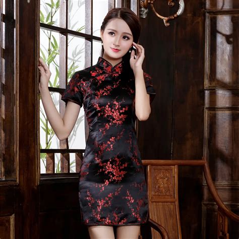 Black Red Chinese Women Satin Cheongsam Traditional Short Sexy Qipao Novelty Pattern Dresses