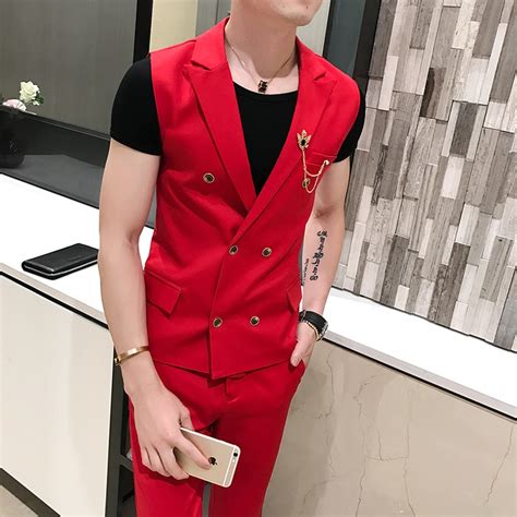 2019 Casual Hair Stylist Double Breasted Vest Suits Korean Mens Slim