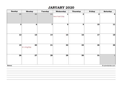2020 Calendar Template With Monthly Notes Free Printable Templates