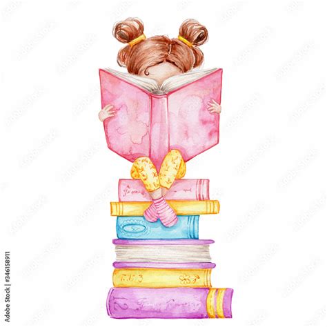Cute Girl Reading Book On Stack Of Books Watercolor Hand Draw