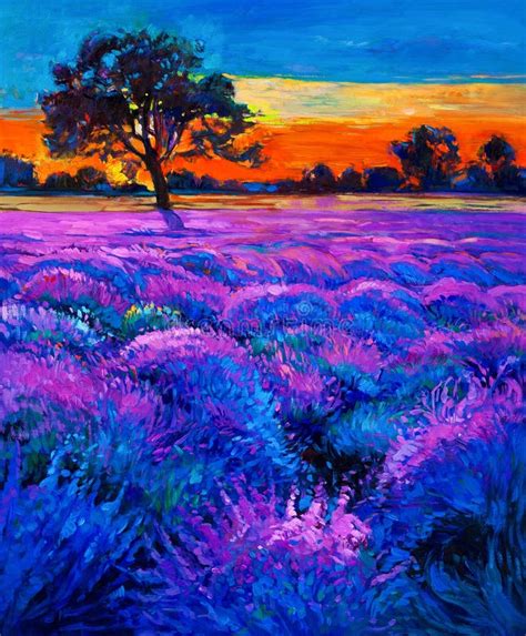 Oil Painting Lavender Fields Canvas Sunset Landscape Stock Photos