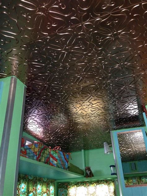 Ceiling panels ceiling beams tin ceilings copper ceiling tiles tin tiles home ceiling ceiling medallions do it yourself home ceiling design. PVC ceiling tiles in vintage trailer. Spray painted copper ...