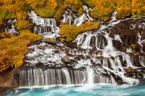 Hraunfossar Waterfall Flowing Into Hvita River Borgarfjordur District