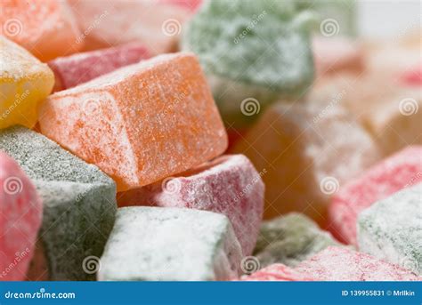 Pieces Of Multicolored Turkish Delight In Powdered Sugar Stock Image