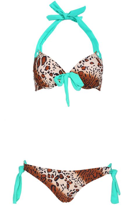 Romwe Leopard Print Self Tie Bowknot Halter Bikini