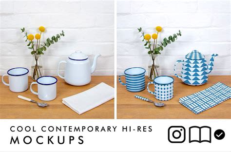 Download Enamel teapot, mugs, teaspoon & serviette mockup ...