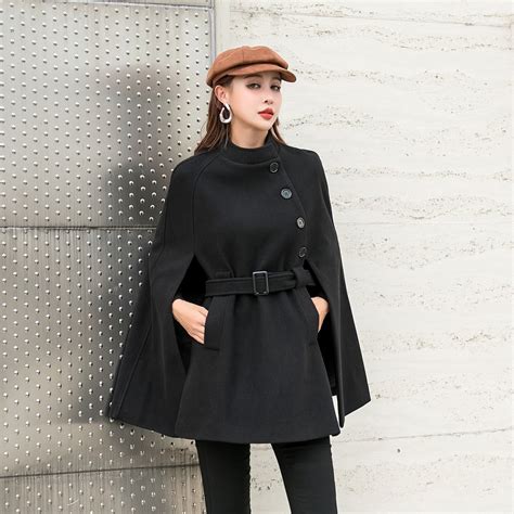 Black Wool Cape Coat Women Mod Belted Cape Coat With Pockets Etsy Uk