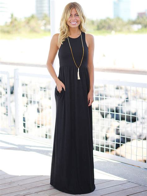 Black Maxi Dress Long Warp Casual Summer Dress 2021 Pockets Sleeveless For Women