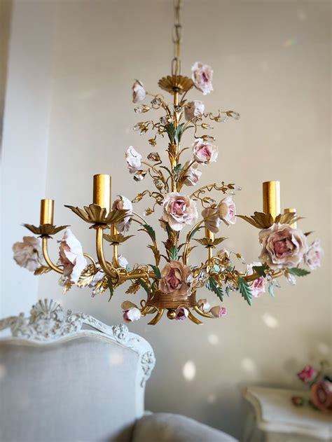 Reserved For R Porcelain Peonies Chandelier With Crystals 6 Lights