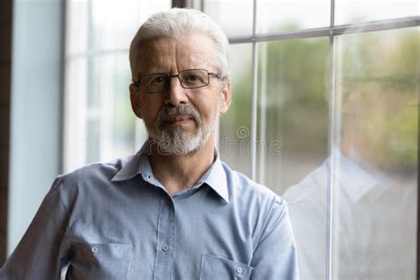 Head Shot Portrait Mature Man Wearing Glasses Standing Near Window Stock Image Image Of