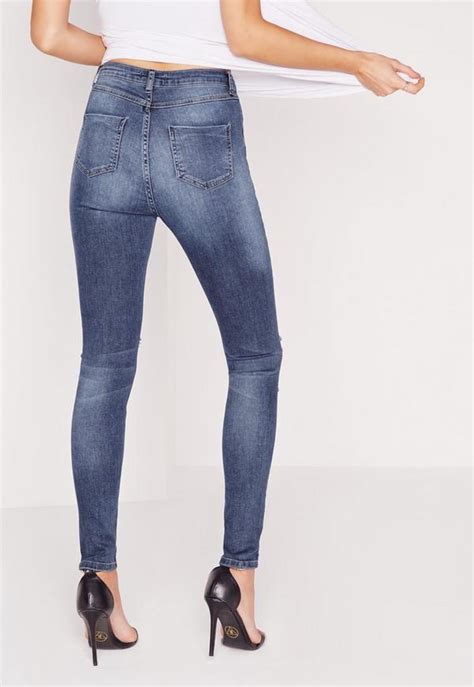 Sinner High Waisted Multi Rip Skinny Jeans Vintage Blue Missguided