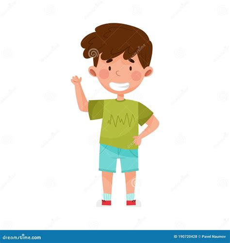 Smiling Boy Character In Shorts Greeting Waving Hand And Saying Hi