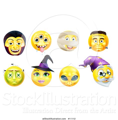 Vector Illustration Of Yellow Halloween Smiley Emoji Emoticon Faces By