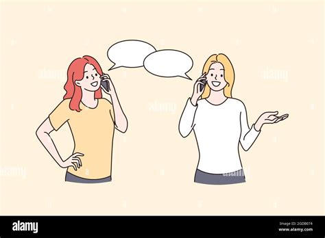 Phone Talk Communication Chatting Concept Two Young Positive Women