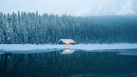 1920x1080 Px Cabin House Ice Lake Snow Trees Winter Art