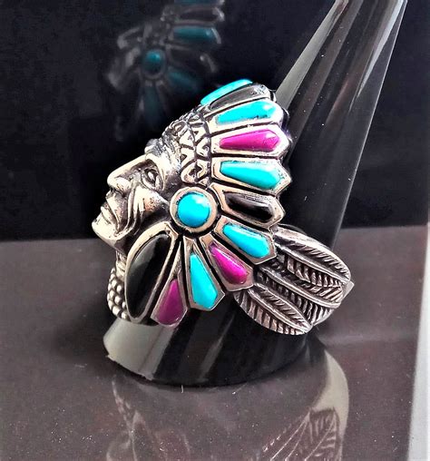 Sterling Silver 925 American Indian Chief Warrior Natural TURQUOISE