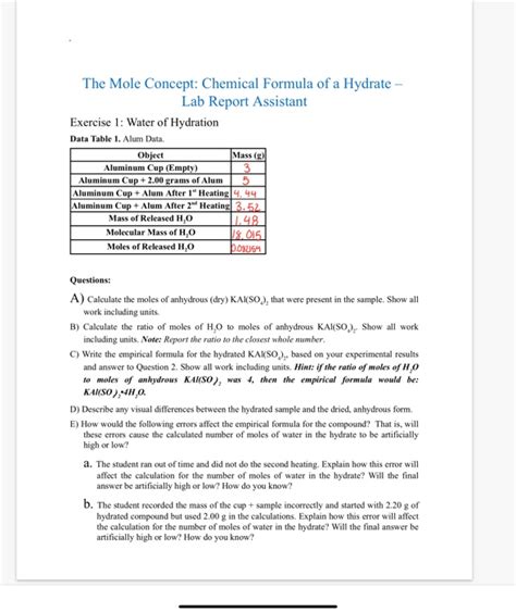 Solved The Mole Concept Chemical Formula Of A Hydrate Lab Chegg Com