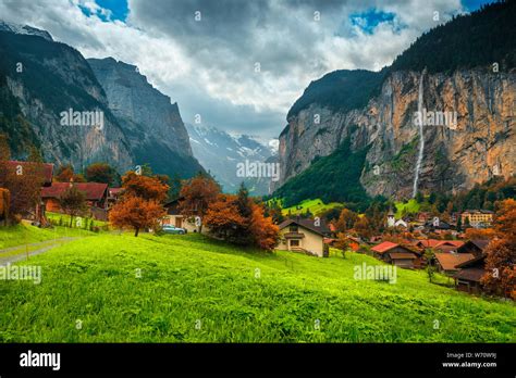 Autumn Alpine Landscape With Mountains Valleys And Waterfalls