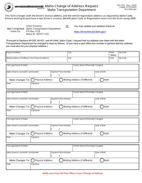 Form Itd3239 Download Fillable Pdf Or Fill Online Idaho Change Of