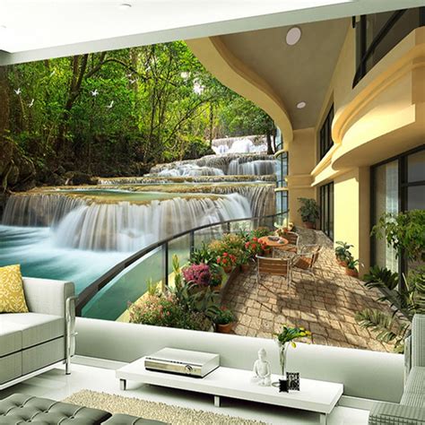 Custom 3d Mural Wallpaper Balcony Forest Waterfall Resort Landscape