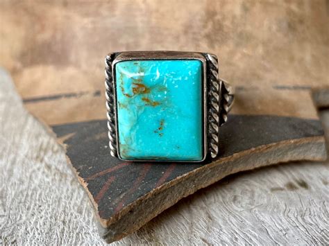 Vintage Navajo Sam Piaso Square Blue Turquoise Ring Size 8 Signet