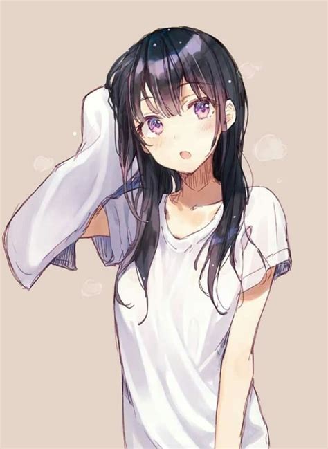 An Anime Girl With Long Black Hair Wearing A White Shirt