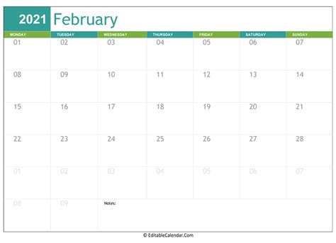 Download February Calendar 2021 Printable Word Version February