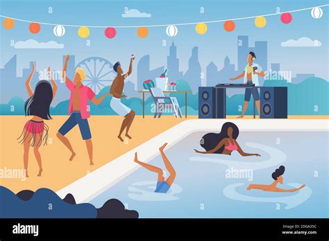 People Dance In Pool Party Vector Illustration Cartoon Happy Man Woman