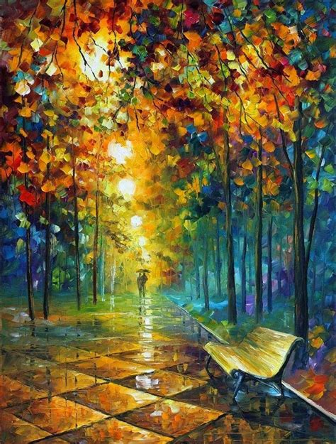 Autumn Painting By Leonid Afremov Park Bench Night Lights Rain Colors