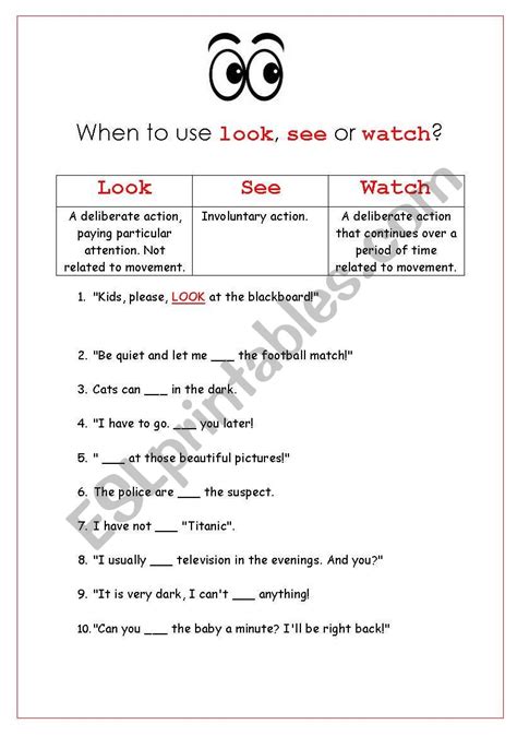 Look See Or Watch Esl Worksheet By Shorey