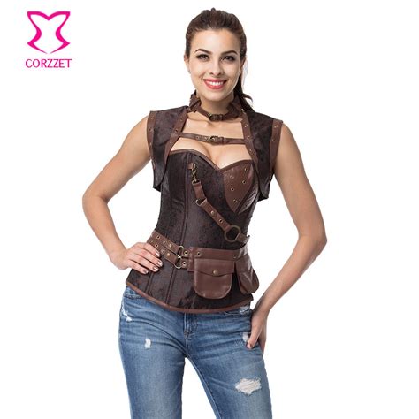 Corzzet Vintage Brown Steampunk Corsets And Bustiers Steel Boned Waist